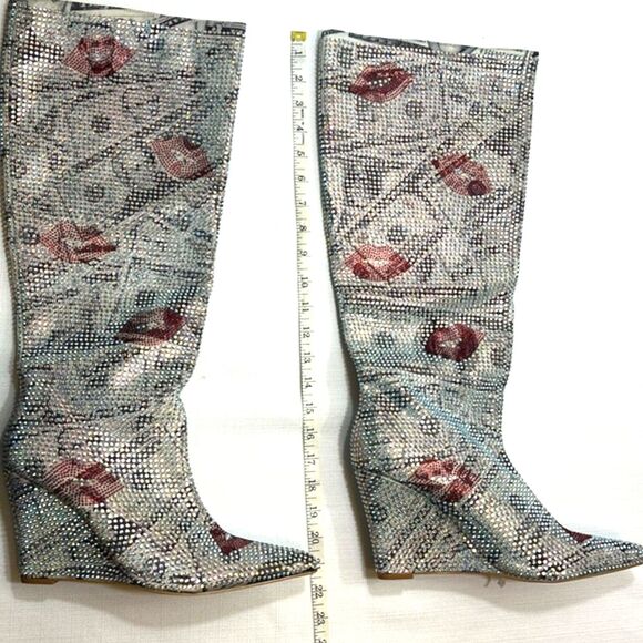 Rhinestone Wedge Boots Sz 11 Lips Print Knee High Pointed Toe Sparkle Glam - Picture 10 of 13